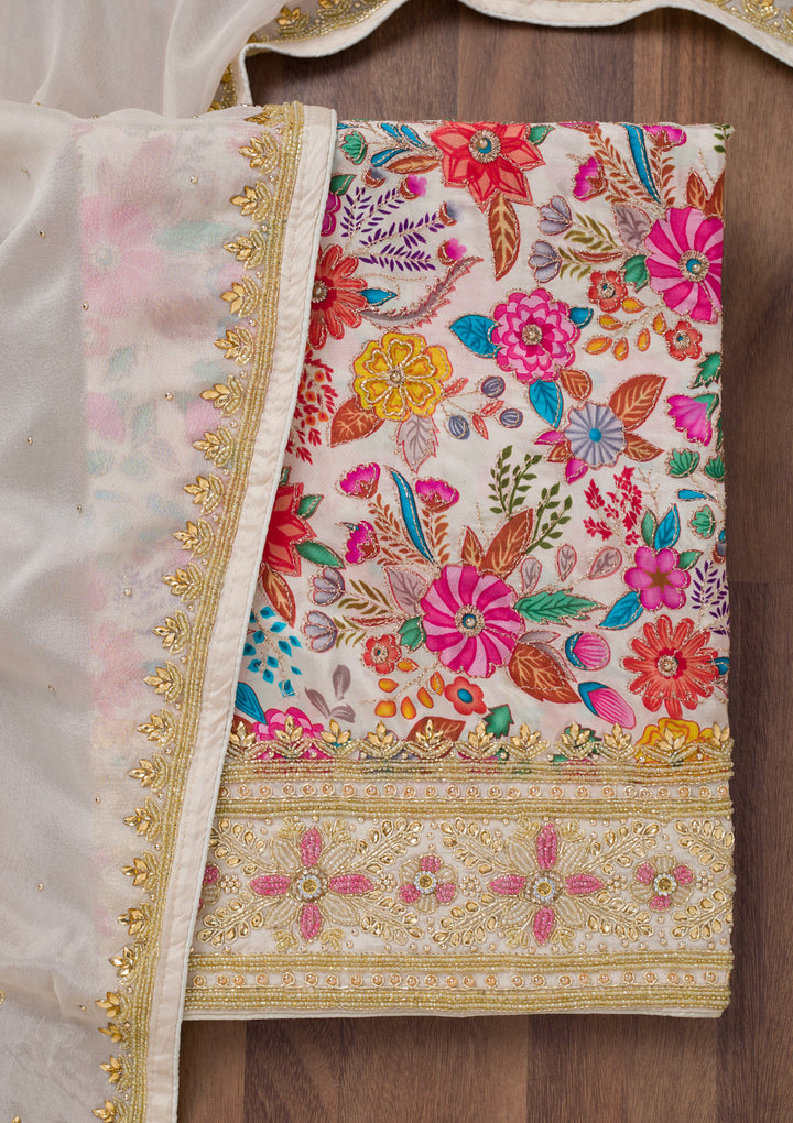 Cream Stonework Semi Crepe Unstitched Salwar Suit