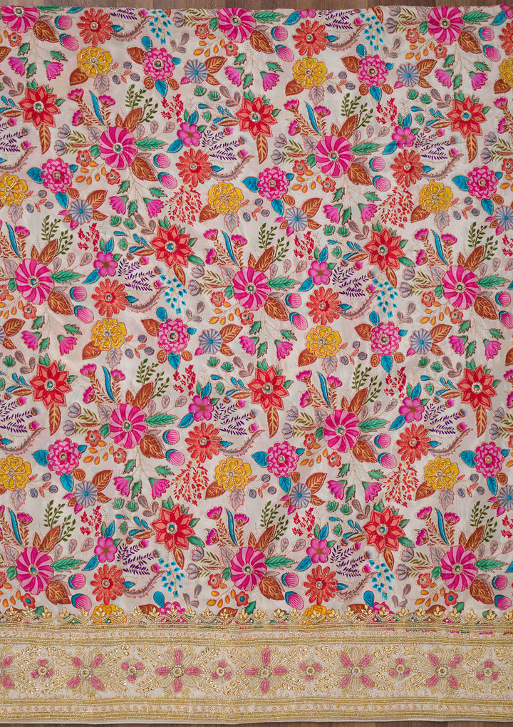 Cream Stonework Semi Crepe Unstitched Salwar Suit