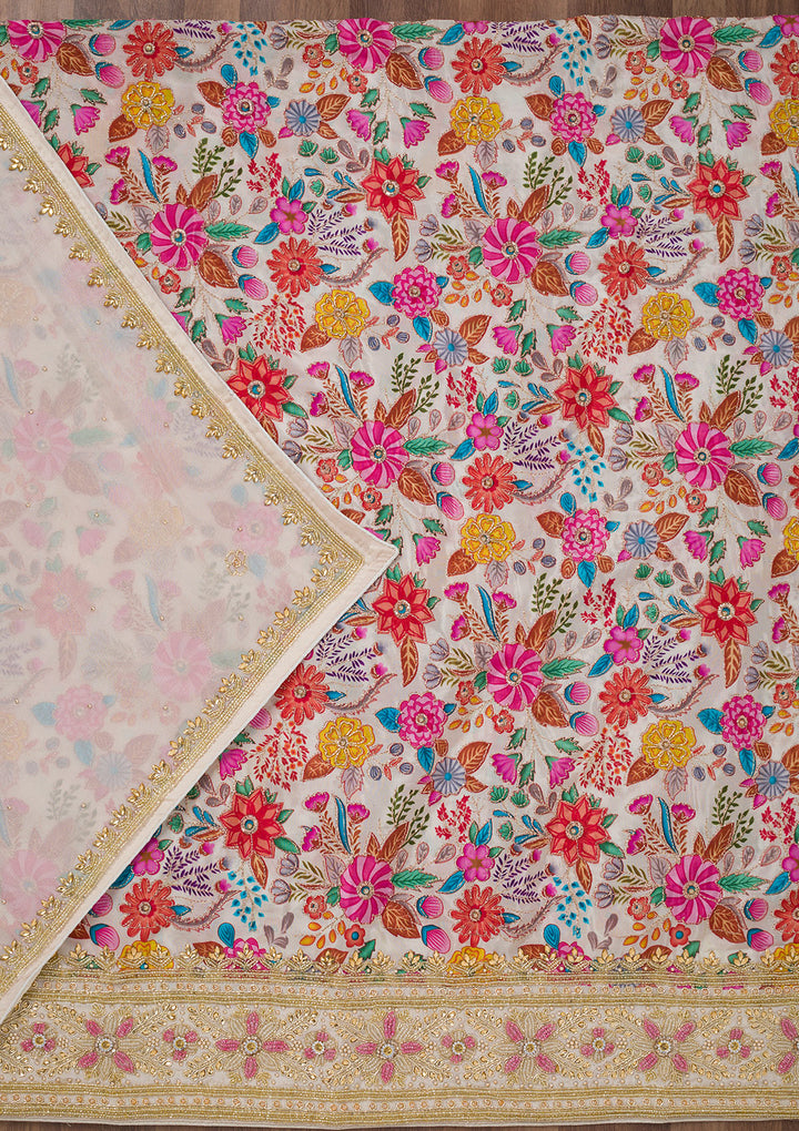 Cream Stonework Semi Crepe Unstitched Salwar Suit