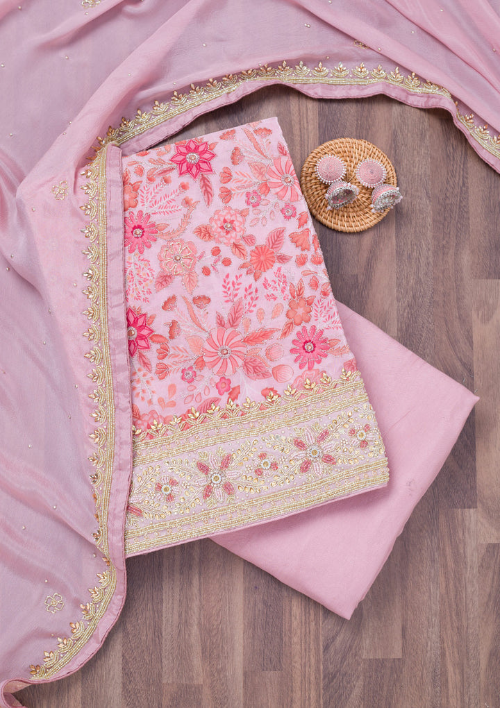 Peach Stonework Chinon Unstitched Salwar Suit