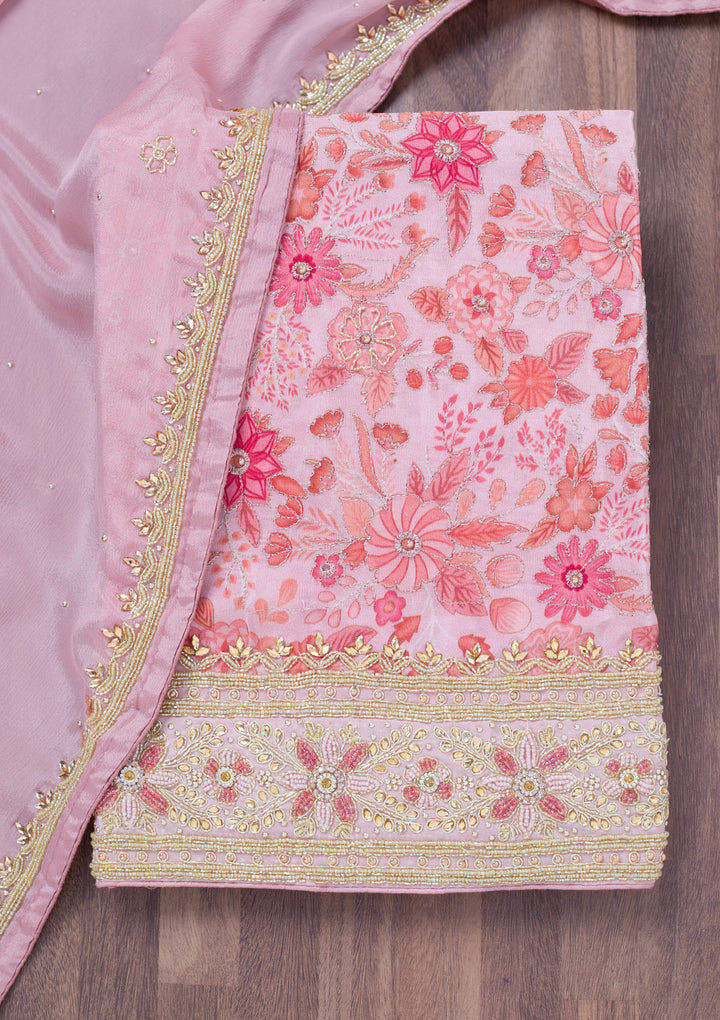 Peach Stonework Chinon Unstitched Salwar Suit