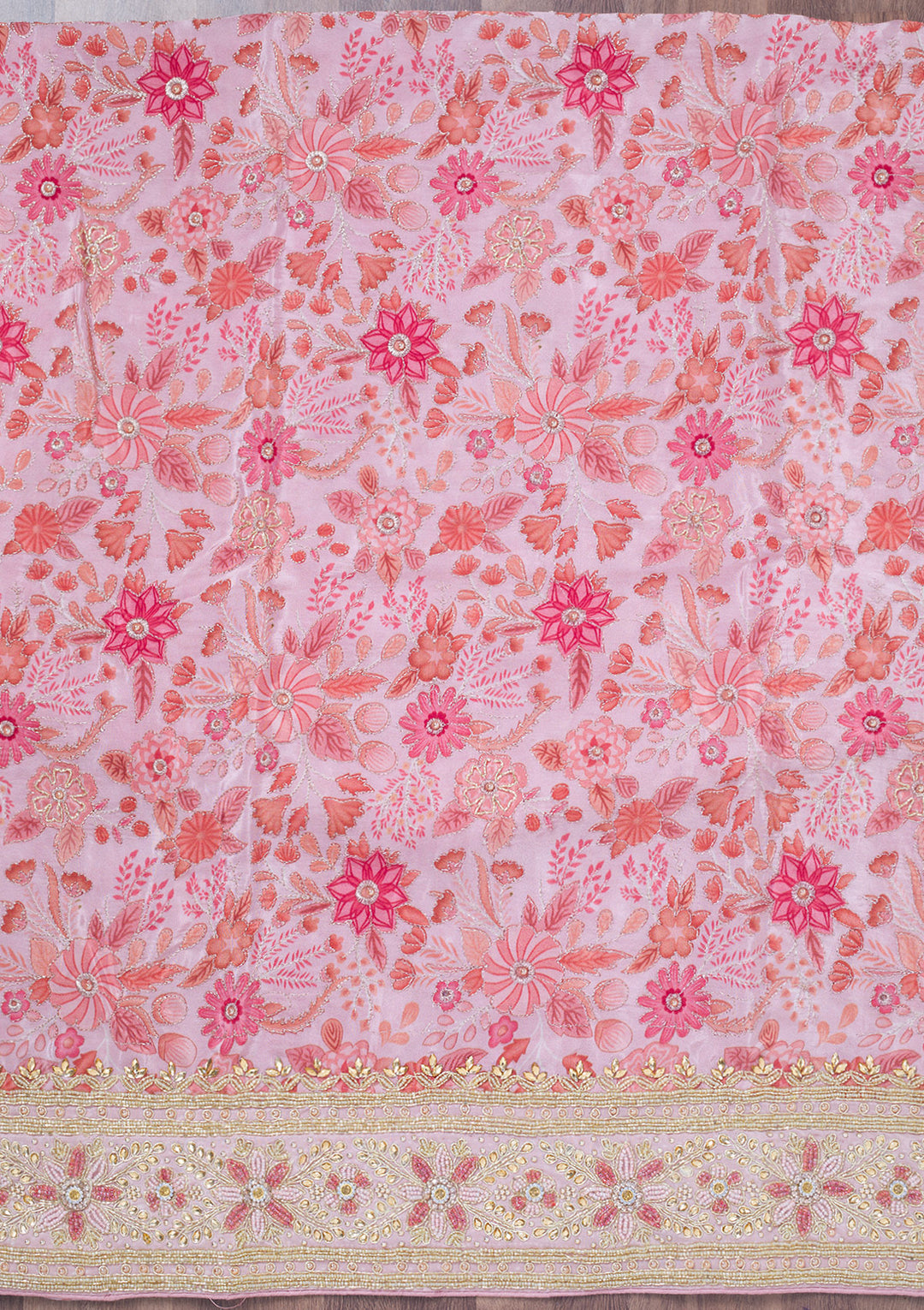 Peach Stonework Chinon Unstitched Salwar Suit