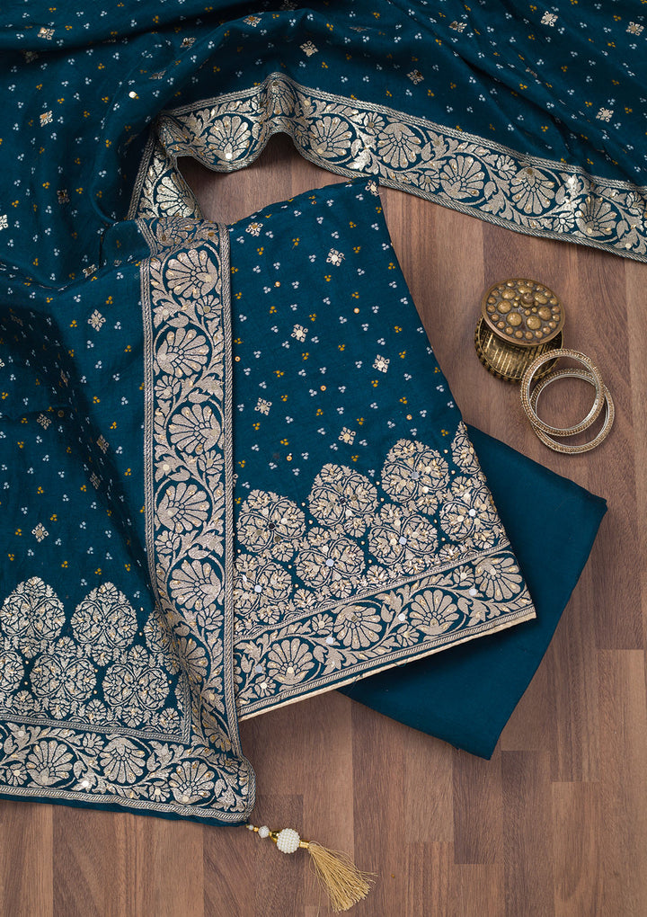 Peacock Blue Mirrorwork Semi Crepe Unstitched Salwar Suit