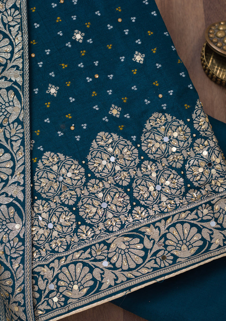 Peacock Blue Mirrorwork Semi Crepe Unstitched Salwar Suit
