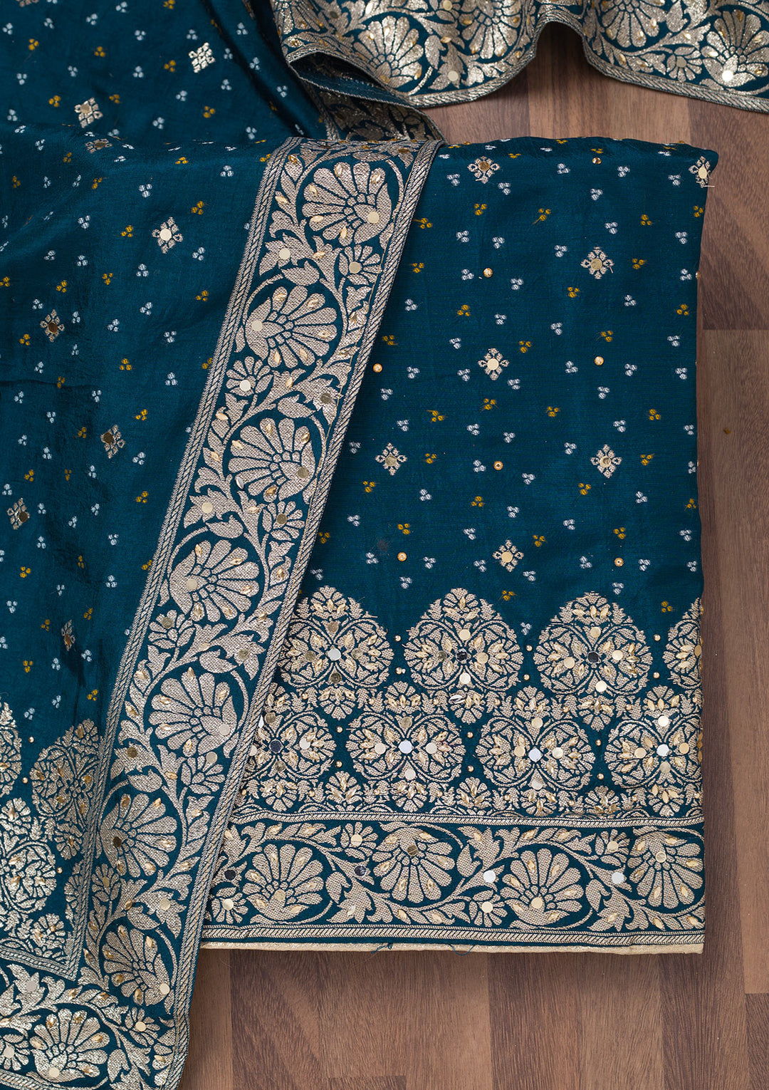 Peacock Blue Mirrorwork Semi Crepe Unstitched Salwar Suit