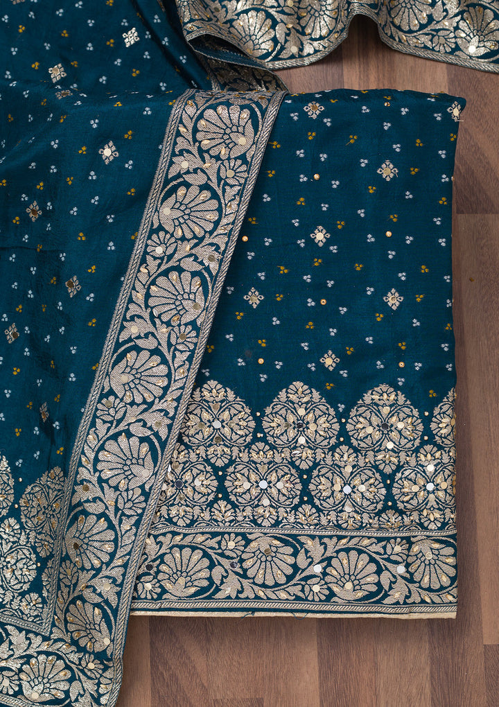 Peacock Blue Mirrorwork Semi Crepe Unstitched Salwar Suit