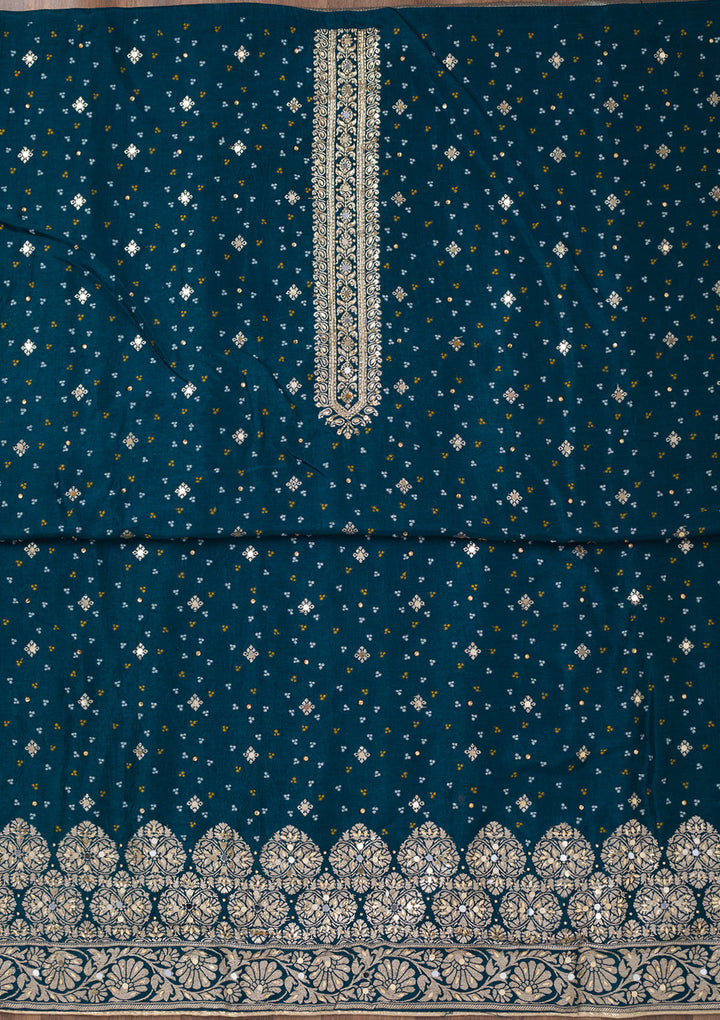Peacock Blue Mirrorwork Semi Crepe Unstitched Salwar Suit