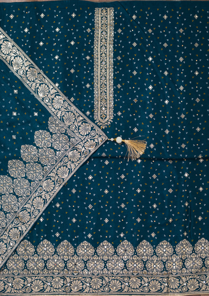 Peacock Blue Mirrorwork Semi Crepe Unstitched Salwar Suit