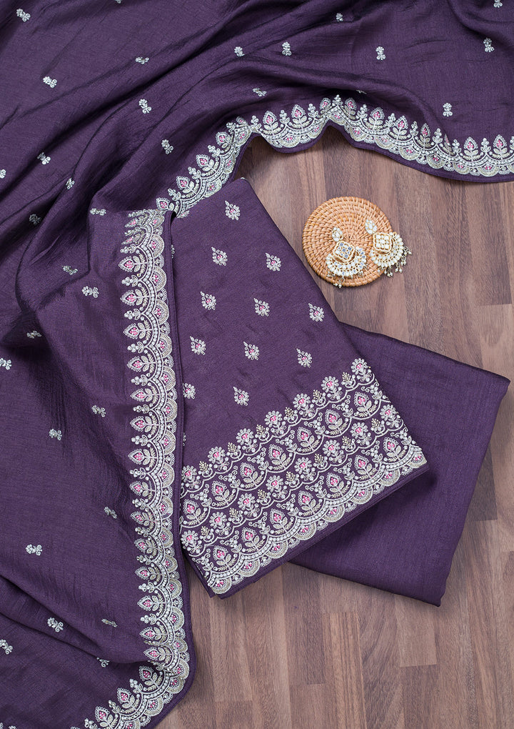 Lavender Zariwork Soft Raw Silk Unstitched Salwar Suit