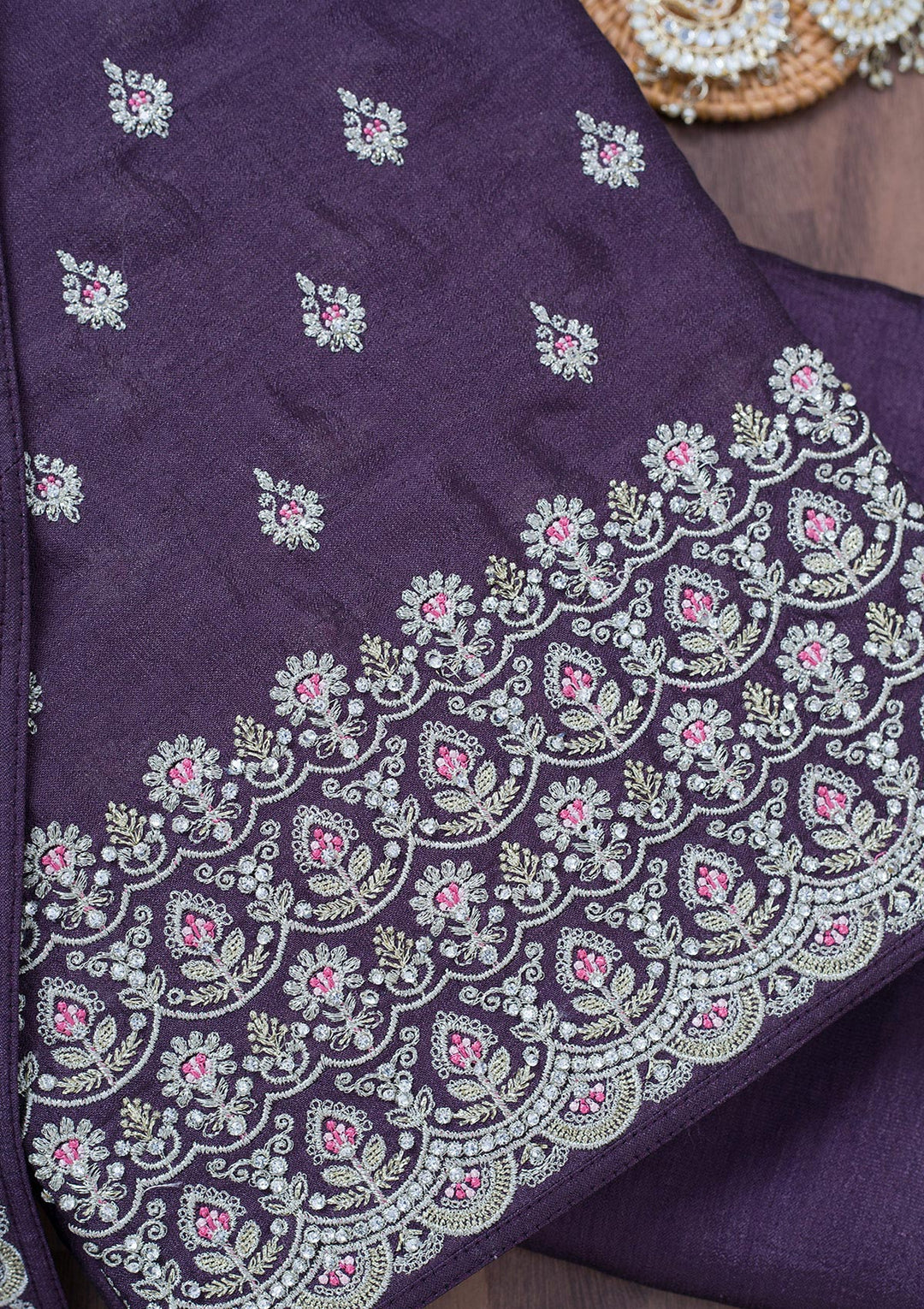 Lavender Zariwork Soft Raw Silk Unstitched Salwar Suit