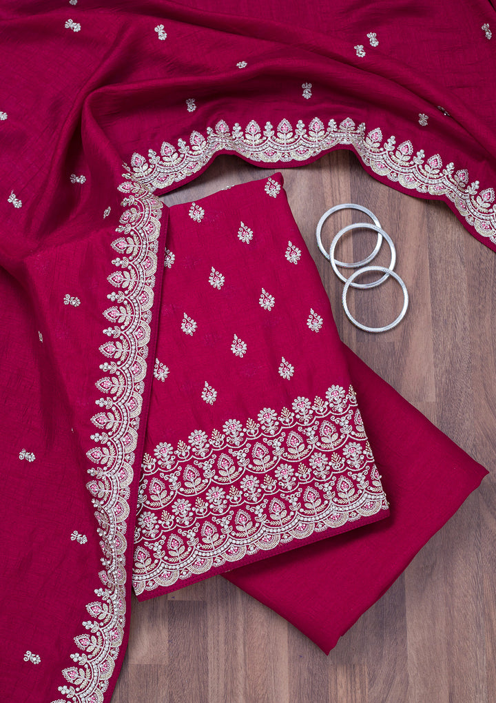 Maroon Zariwork Soft Raw Silk Unstitched Salwar Suit