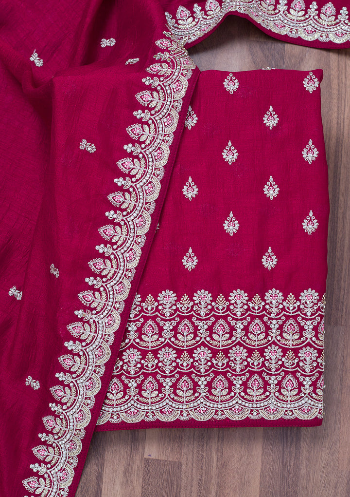 Maroon Zariwork Soft Raw Silk Unstitched Salwar Suit