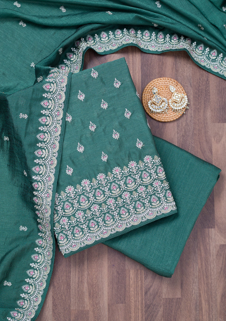 Sea Green Zariwork Soft Raw Silk Unstitched Salwar Suit