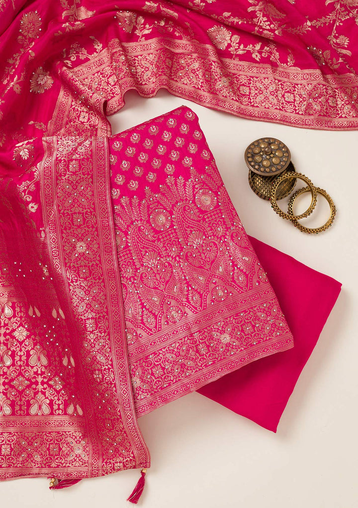 Rani Pink Zariwork Art Silk Unstitched Salwar Suit