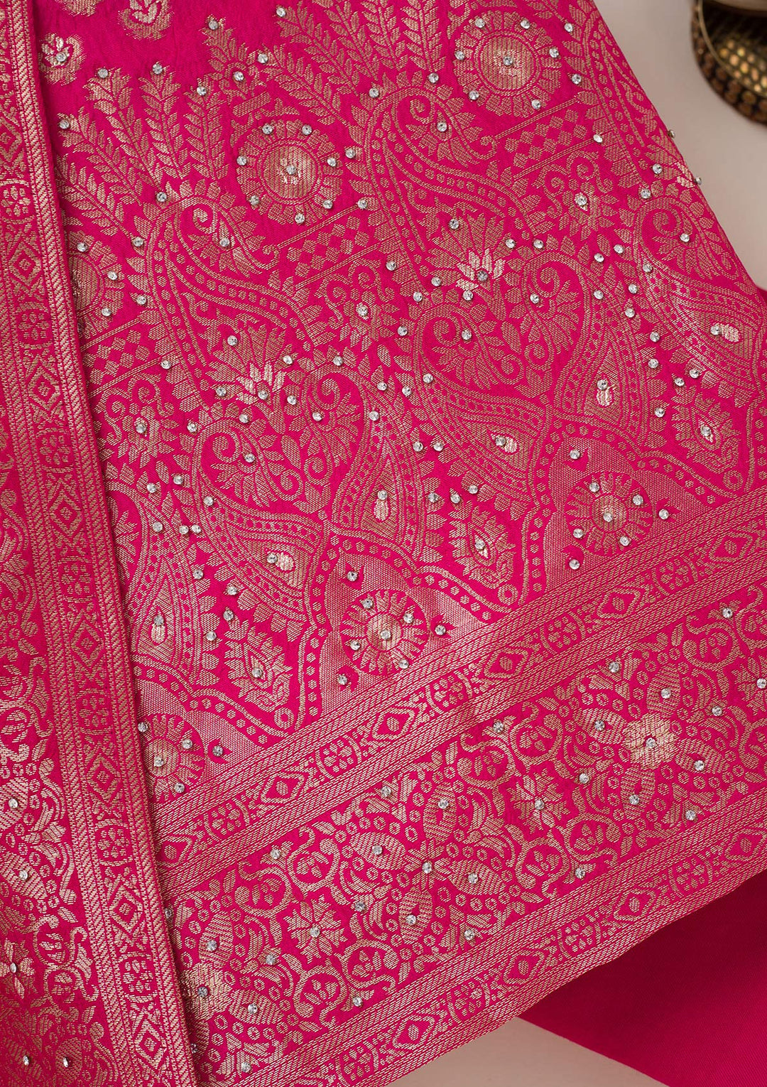 Rani Pink Zariwork Art Silk Unstitched Salwar Suit