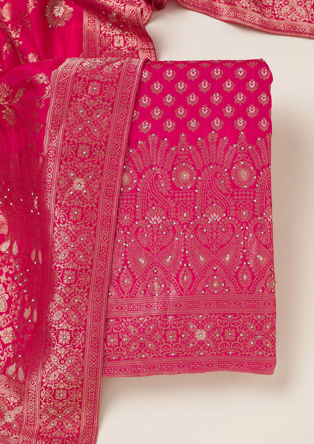 Rani Pink Zariwork Art Silk Unstitched Salwar Suit