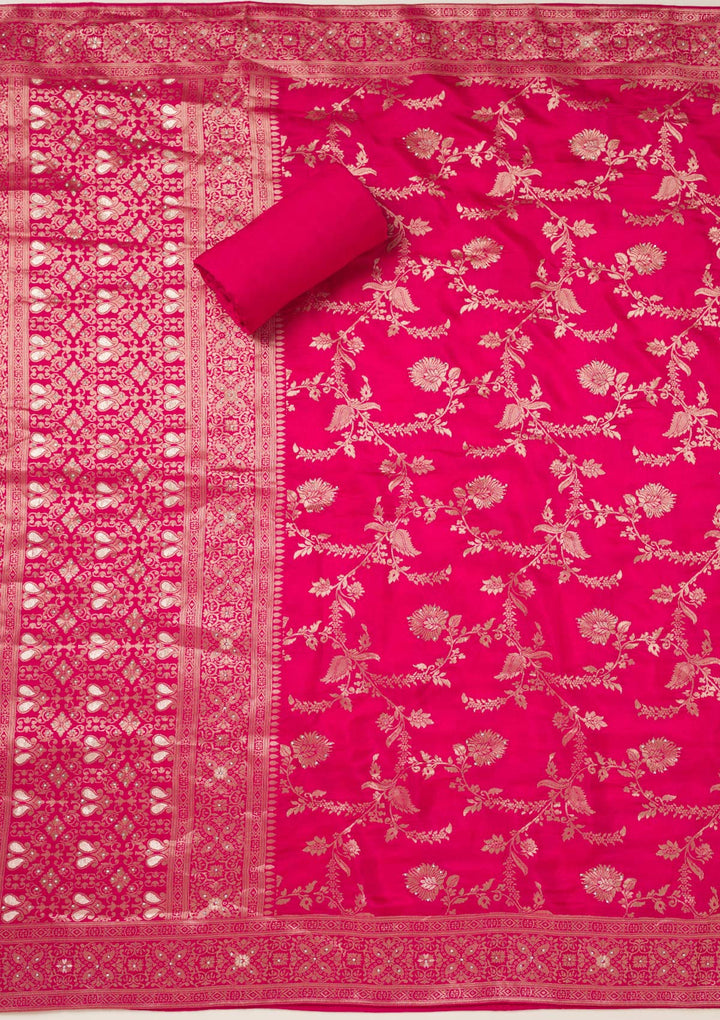 Rani Pink Zariwork Art Silk Unstitched Salwar Suit