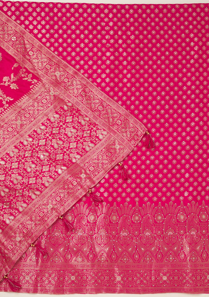 Rani Pink Zariwork Art Silk Unstitched Salwar Suit