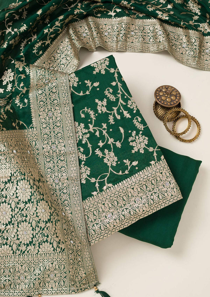 Bottle Green Zariwork Semi Crepe Unstitched Salwar Suit