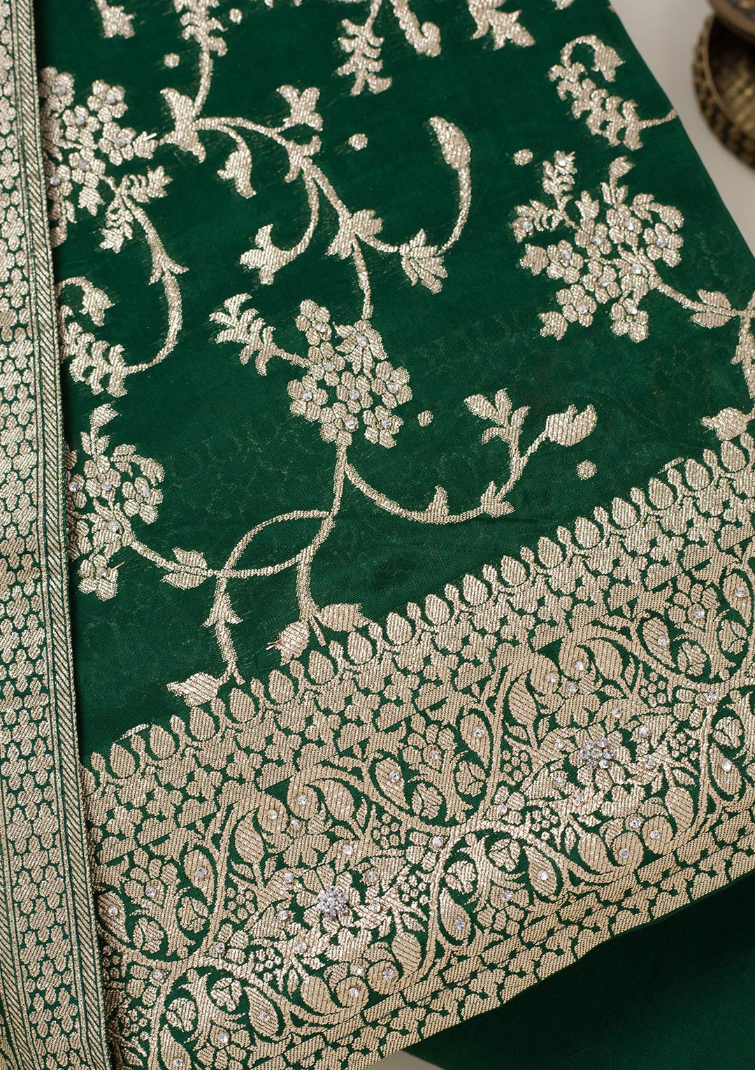 Bottle Green Zariwork Semi Crepe Unstitched Salwar Suit