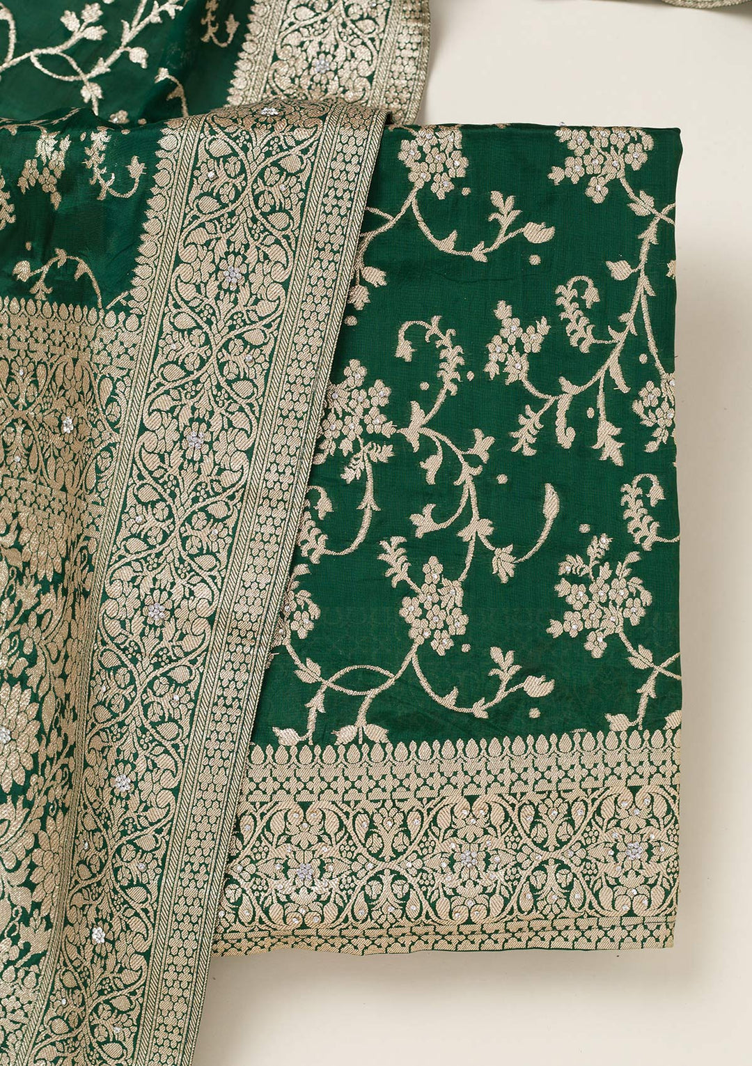 Bottle Green Zariwork Semi Crepe Unstitched Salwar Suit