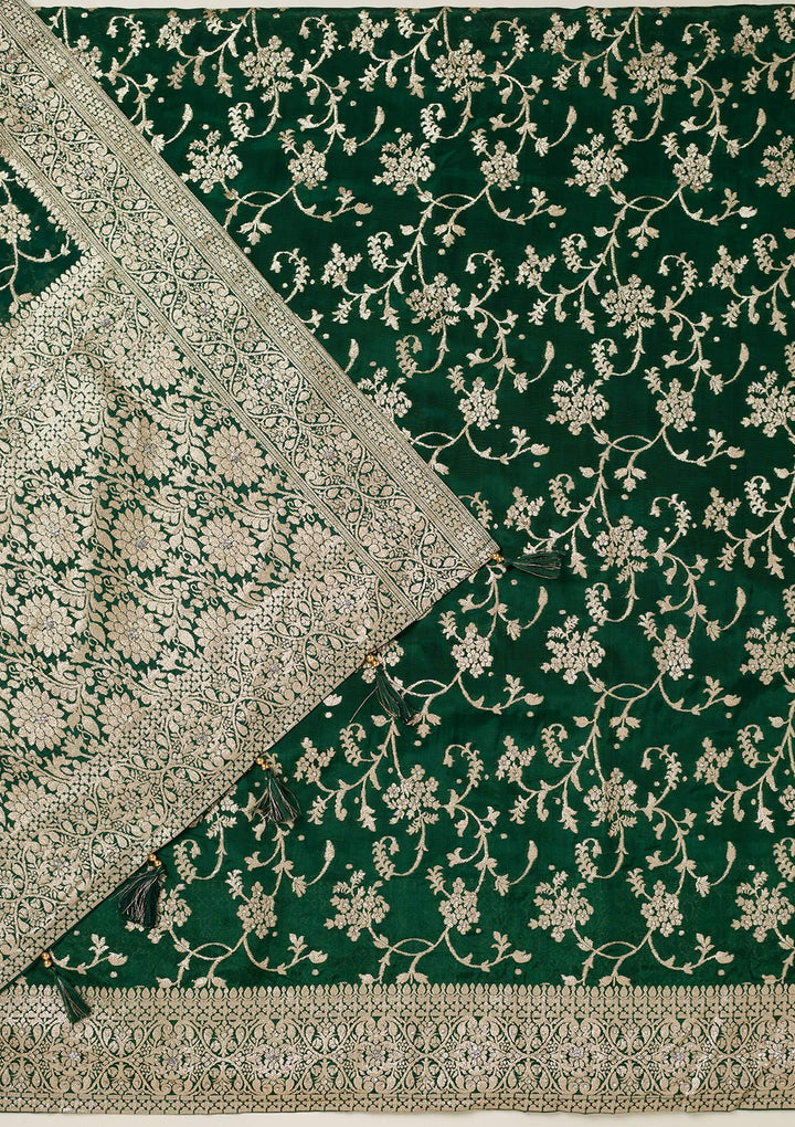 Bottle Green Zariwork Semi Crepe Unstitched Salwar Suit