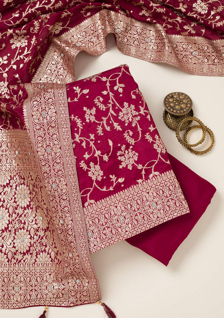 Maroon Zariwork Semi Crepe Unstitched Salwar Suit