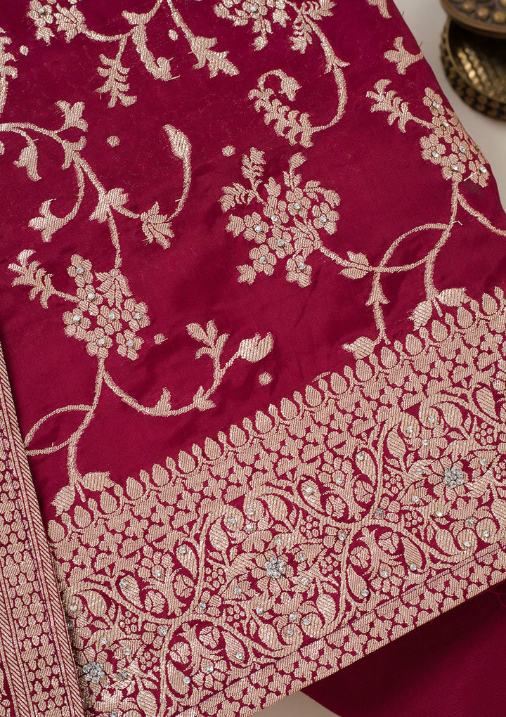 Maroon Zariwork Semi Crepe Unstitched Salwar Suit