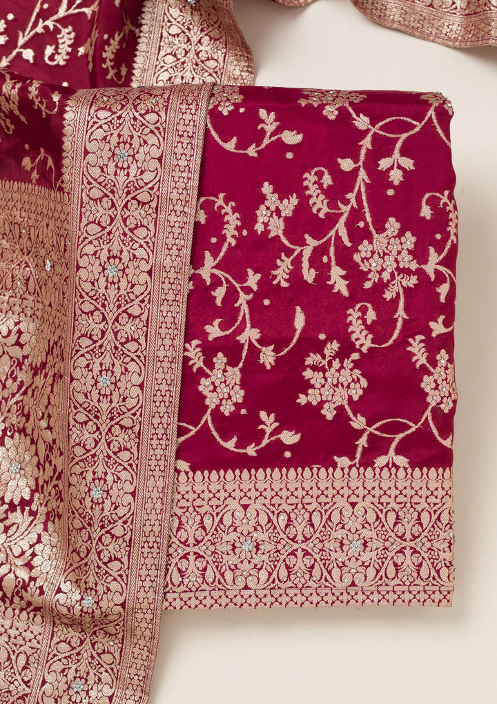 Maroon Zariwork Semi Crepe Unstitched Salwar Suit