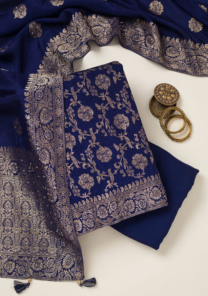 Navy Blue Zariwork Dola Silk Unstitched Salwar Suit