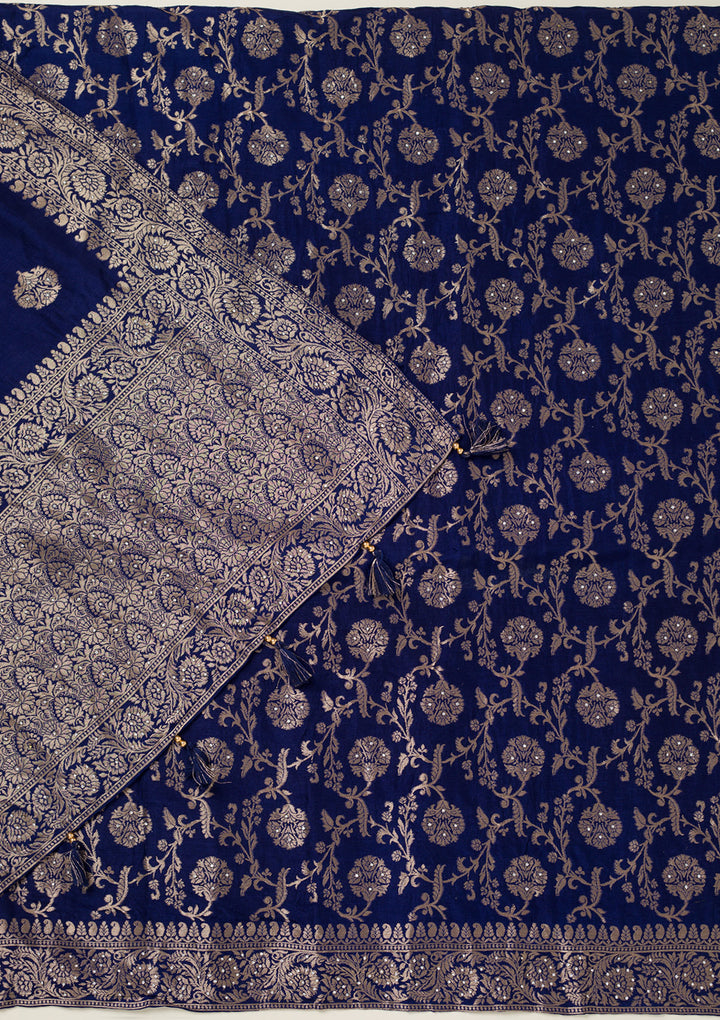 Navy Blue Zariwork Dola Silk Unstitched Salwar Suit