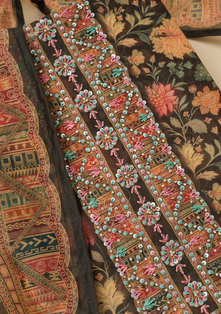 Black Printed Chanderi Unstitched Salwar Suit