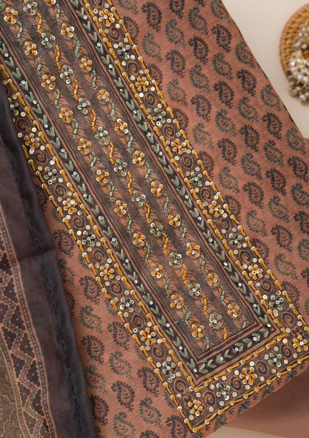 Peach Printed Chanderi Unstitched Salwar Suit