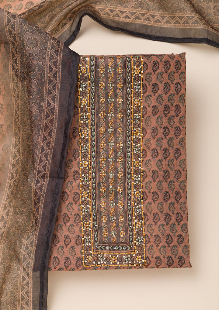 Peach Printed Chanderi Unstitched Salwar Suit