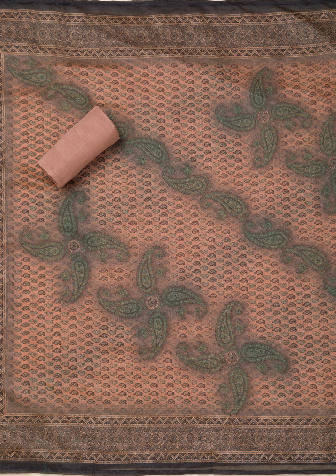 Peach Printed Chanderi Unstitched Salwar Suit