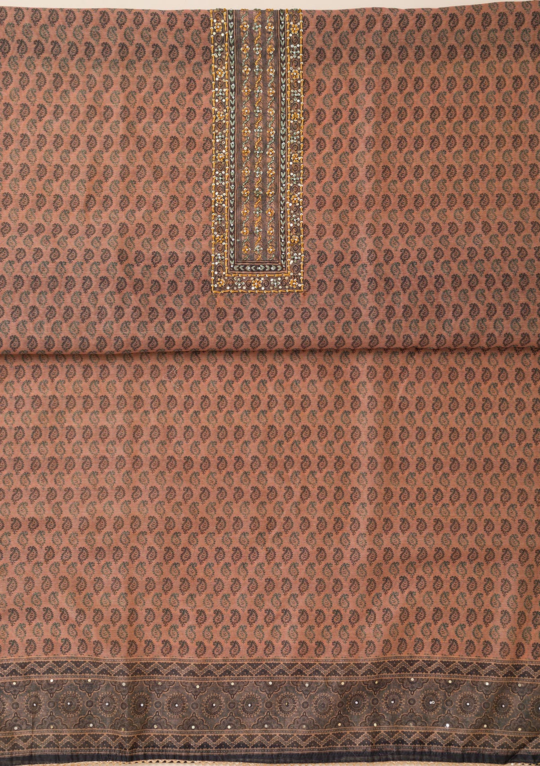 Peach Printed Chanderi Unstitched Salwar Suit