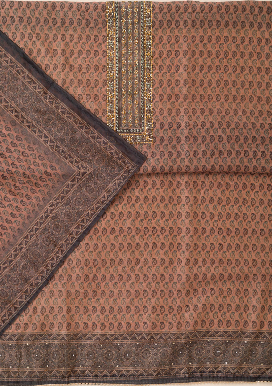 Peach Printed Chanderi Unstitched Salwar Suit