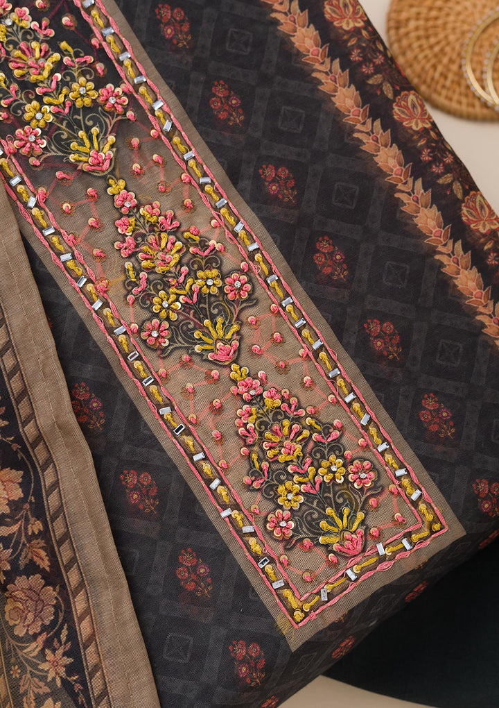 Black Printed Chanderi Unstitched Salwar Suit