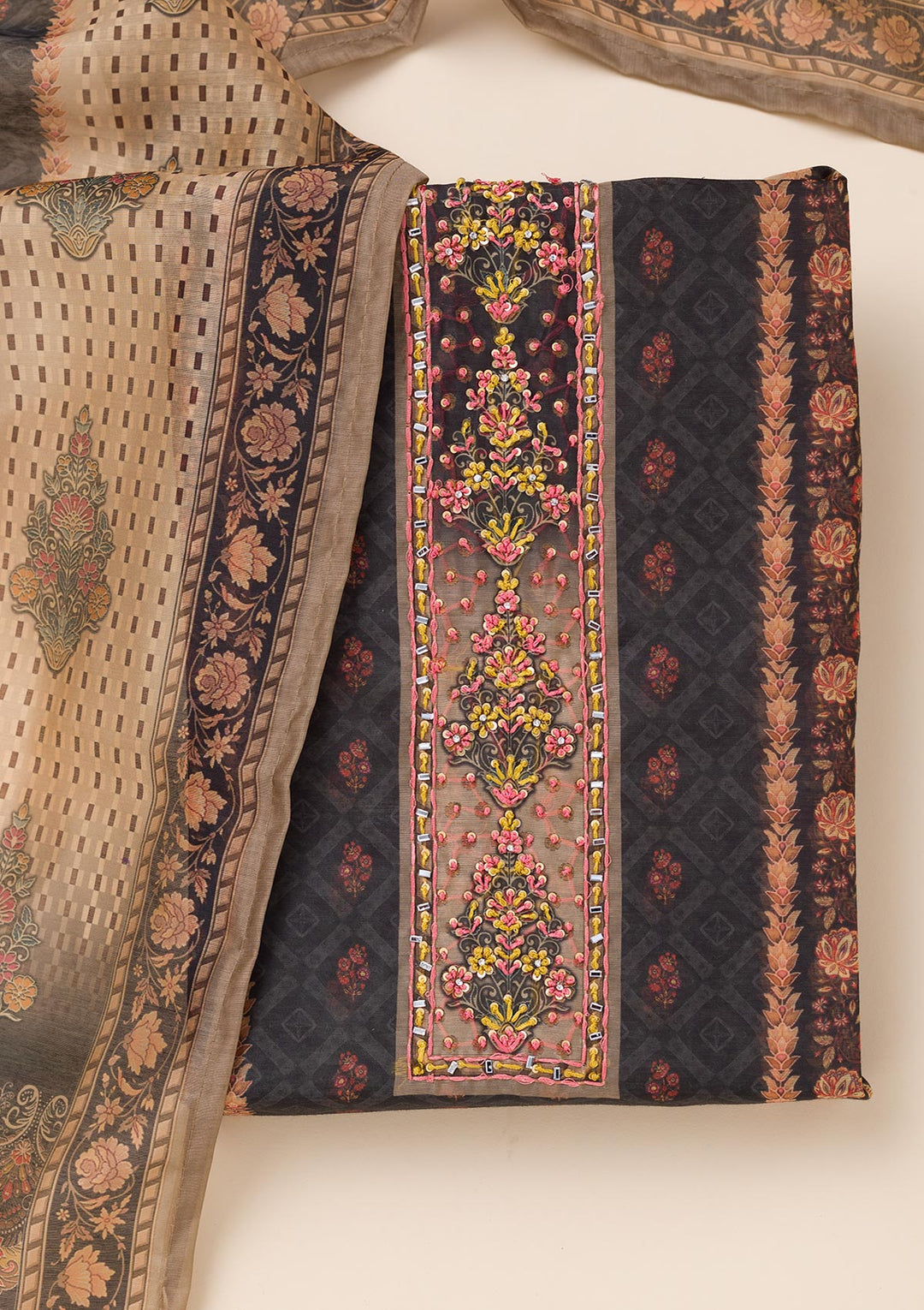 Black Printed Chanderi Unstitched Salwar Suit