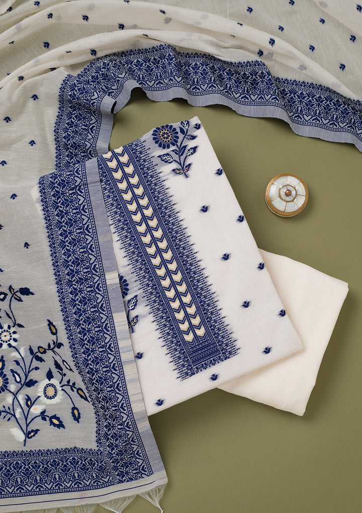 Cream Threadwork Linen Unstitched Salwar Suit