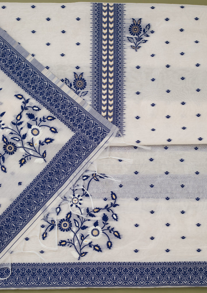 Cream Threadwork Linen Unstitched Salwar Suit