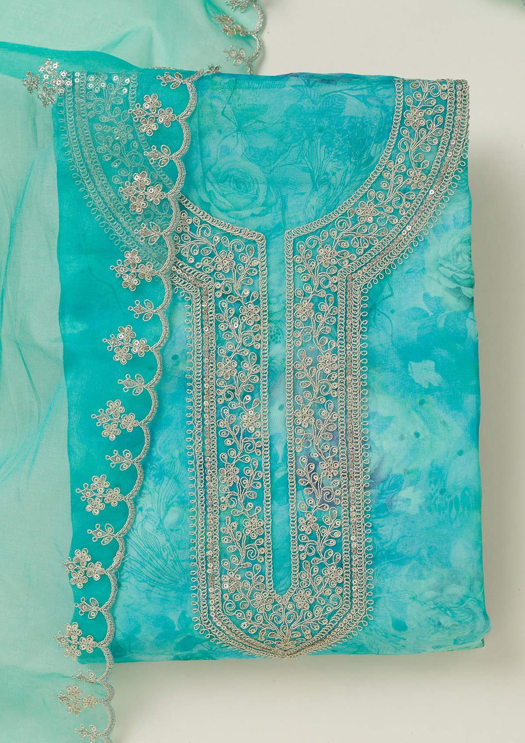 Sea Green Zariwork Organza Unstitched Salwar Suit