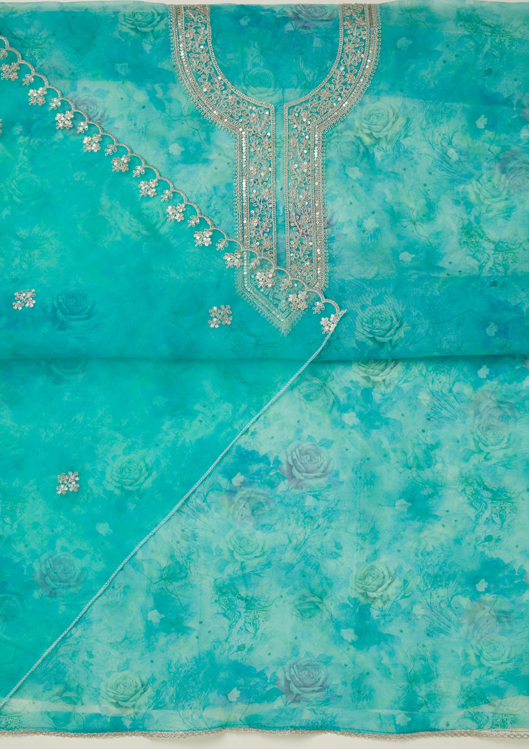 Sea Green Zariwork Organza Unstitched Salwar Suit