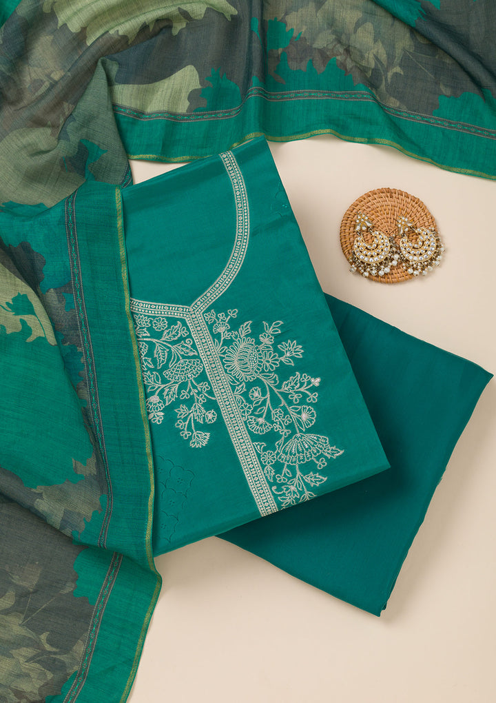 Sea Green Zariwork Art Silk Unstitched Salwar Suit