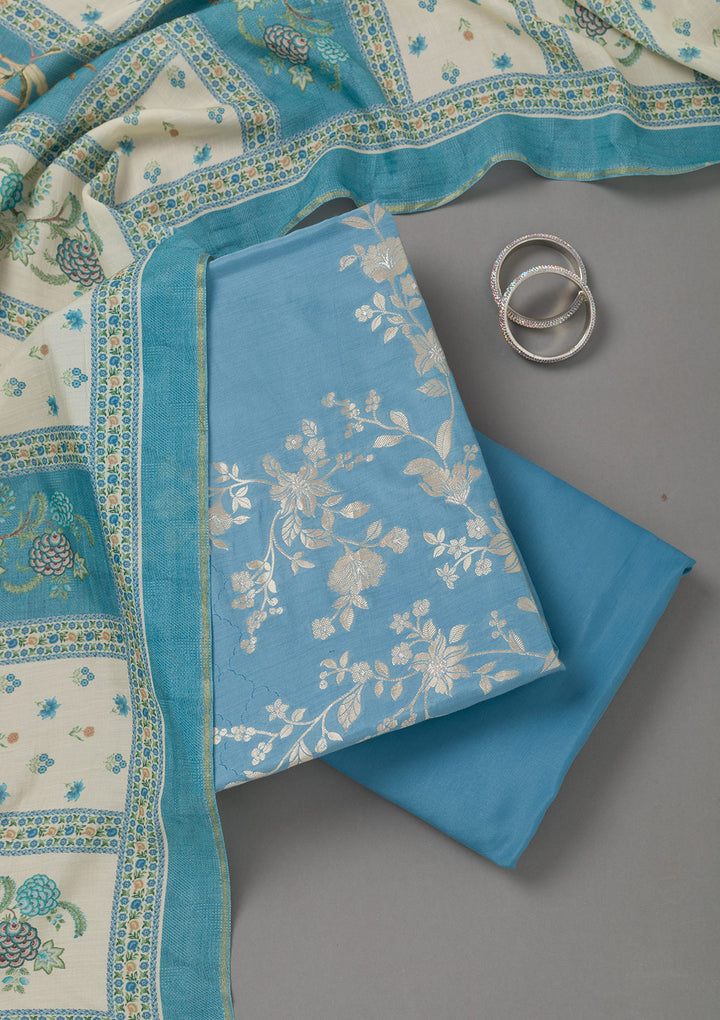 Sky Blue Zariwork Art Silk Unstitched Salwar Suit