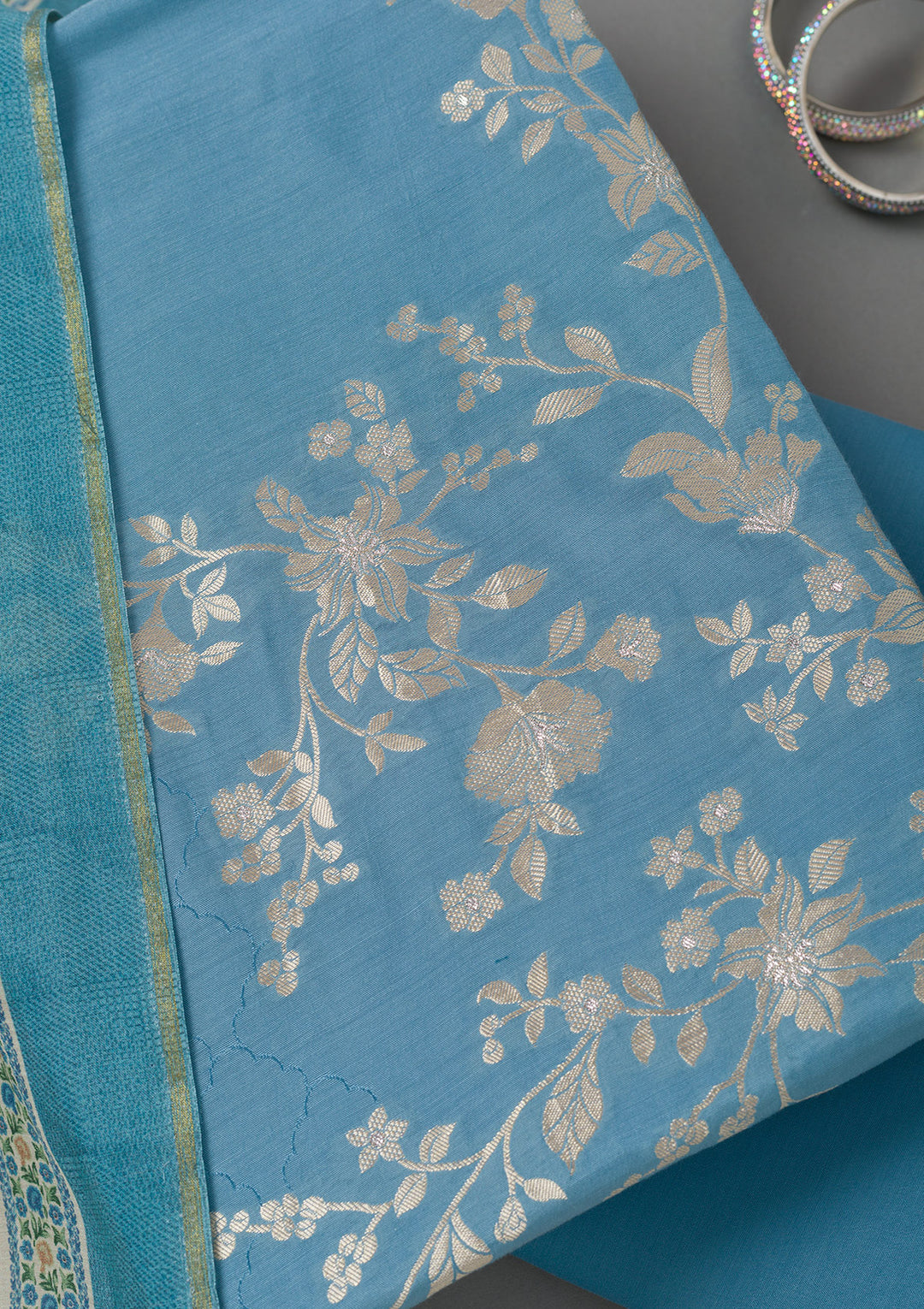 Sky Blue Zariwork Art Silk Unstitched Salwar Suit