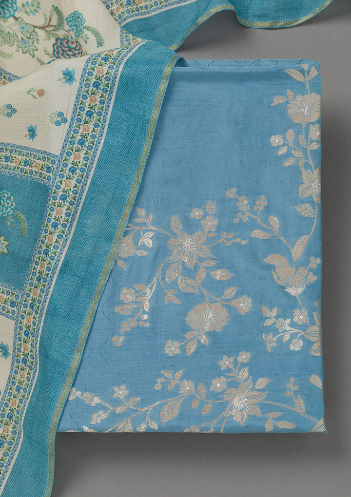 Sky Blue Zariwork Art Silk Unstitched Salwar Suit