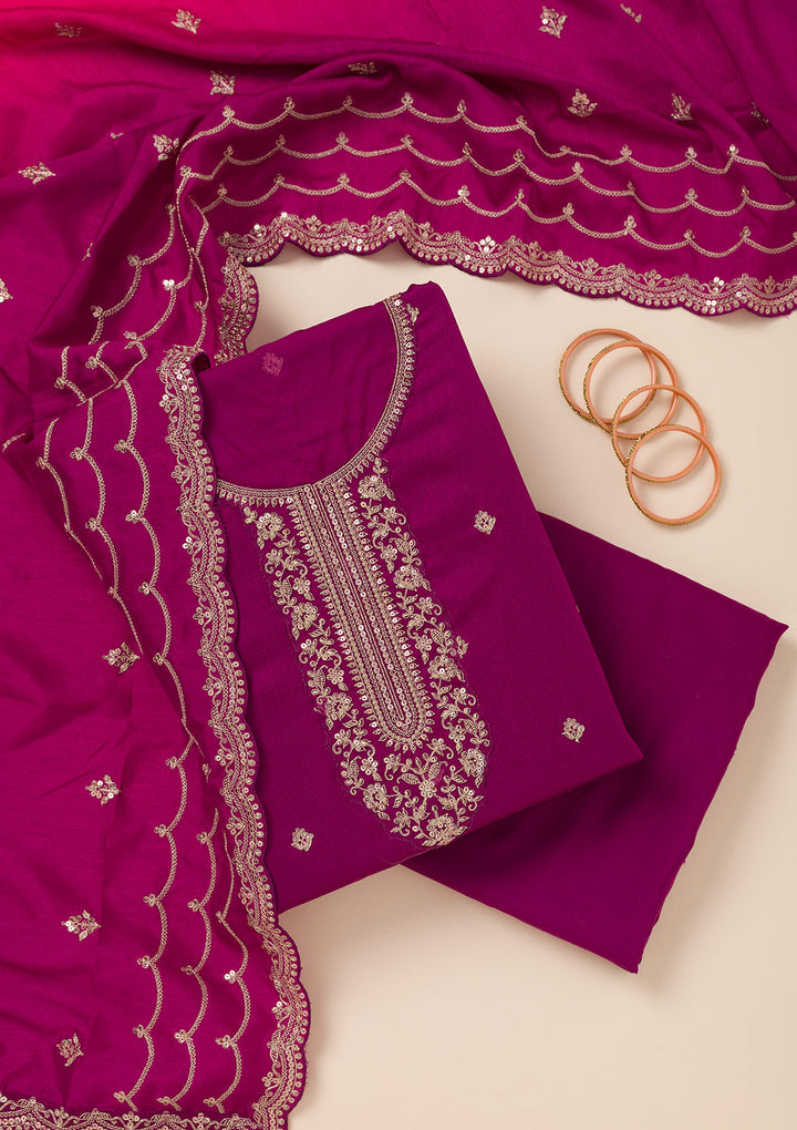 Wine Cording Soft Raw Silk Unstitched Salwar Suit