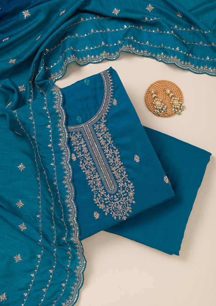 Turquoise Blue Cording Soft Raw Silk Unstitched Salwar Suit