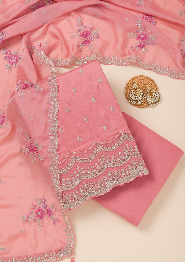 Peach Cording Soft Raw Silk Unstitched Salwar Suit